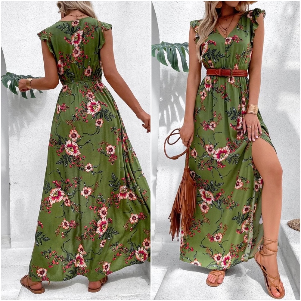 Boho Floral Print Butterly Sleeve Maxi Dress - Picture 4 of 7